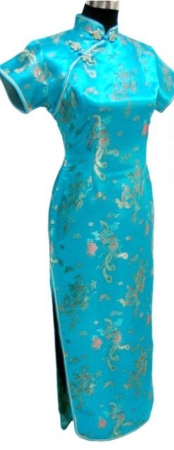robe chinoise longue turquoise à ...
